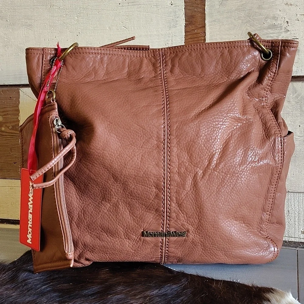 Montana West PU faux leather brown hobo bag with extra zip pouch  zip top